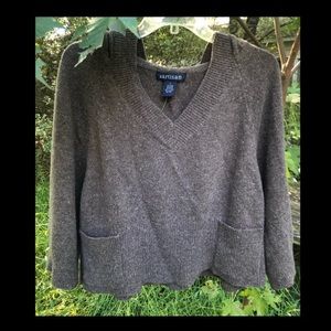 BY artisan GREY/BROWN HEATHER/TWEED V-NECK HOODIE CROPPED PULLOVER SWEATER